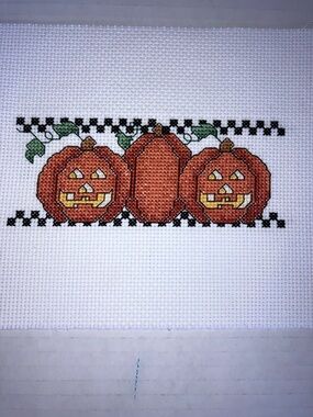 Handmade Cross Stitch Halloween Pumpkins - Orange Black 6x18 strip needlepoint